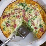 Crustless ham quiche in a pie dish.