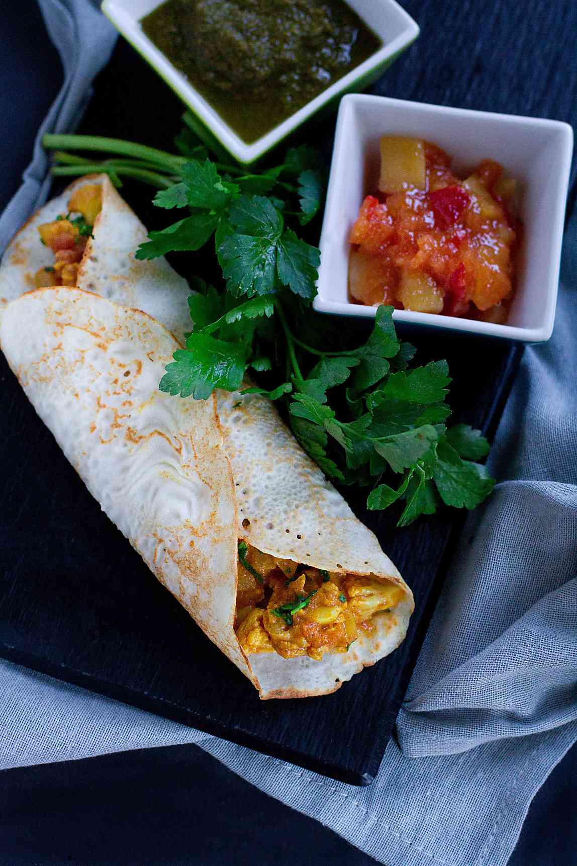 Lentil crepes (dosas) are the fantastic for filling with curry, like this vegetarian cauliflower version. Also gluten free. 210 calories and 6 Weight Watchers SmartPoints