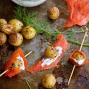 Only five ingredients needed to make these flavorful Smoked Salmon and Roasted Potato appetizer skewers. 52 calories and 1 Weight Watchers SmartPoint