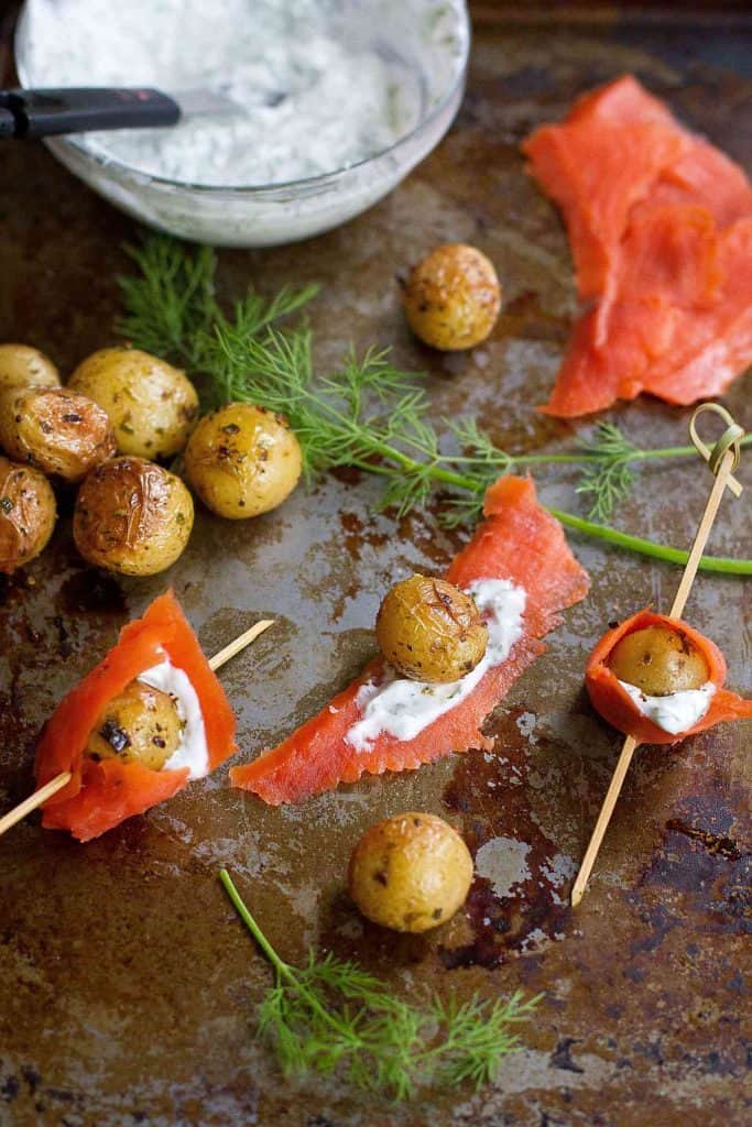 Only five ingredients needed to make these flavorful Smoked Salmon and Roasted Potato appetizer skewers. 52 calories and 1 Weight Watchers SmartPoint