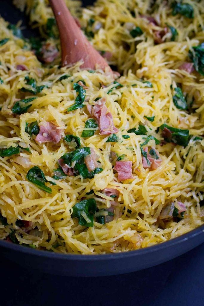 This savory Spaghetti Squash with Prosciutto and Spinach is wonderful either as a side dish or light lunch. 116 calories and 2 Weight Watchers SmartPoints