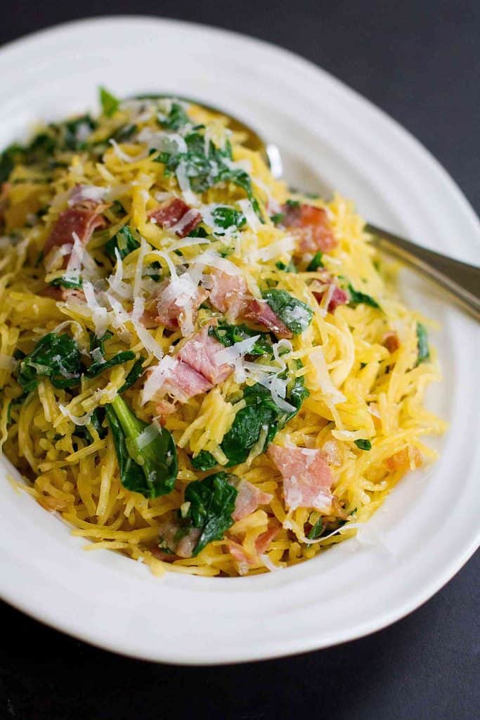 This savory Spaghetti Squash with Prosciutto and Spinach is wonderful either as a side dish or light lunch. 116 calories and 2 Weight Watchers SmartPoints