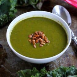 Blended Super Greens Soup with Spiced Pepitas…This vegan soup is packed with flavor and nutrients and the spiced pepitas are nothing short of addictive! 285 calories and 5 Weight Watchers SmartPoints