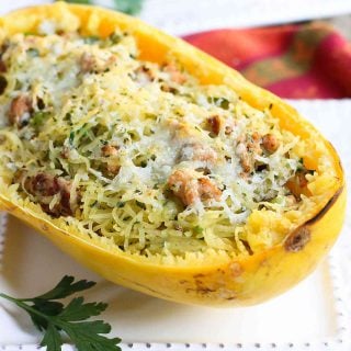 Sausage Stuffing Stuffed Spaghetti Squash…All the flavors of our favorite Thanksgiving stuffing mixed into healthy spaghetti squash! 355 calories and 8 Weight Watchers SmartPoints