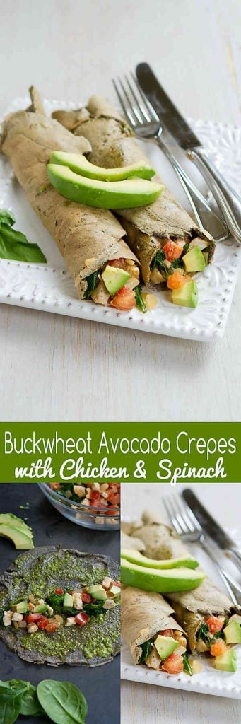 These Buckwheat Avocado Crepes with Chicken and Spinach make a fantastic savory brunch or dinner meal! 195 calories and 5 Weight Watchers Freestyle SP