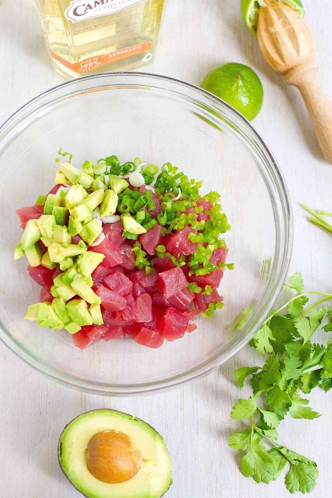Ahi tuna ceviche gets a kick from tequila in this margarita-inspired appetizer recipe. Great for Cinco de Mayo or a summertime dinner party! 214 calories and 5 Weight Watchers Freestyle SP