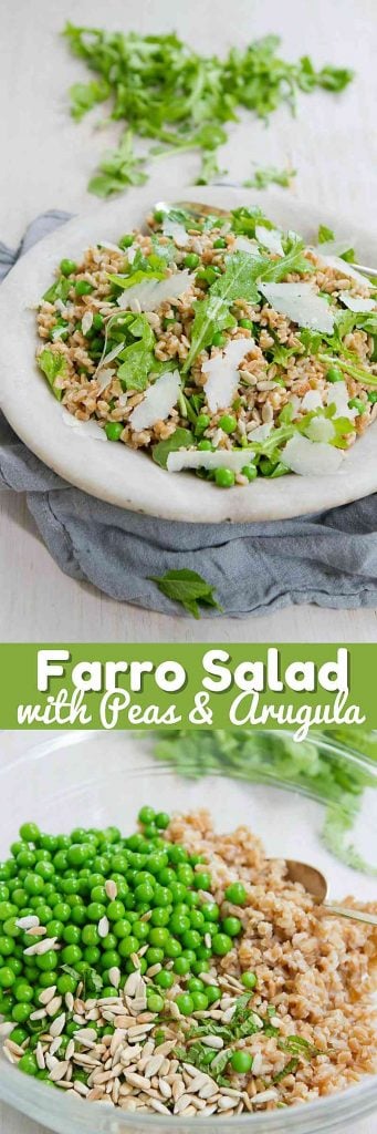 This easy whole grain Farro Salad Recipe with Peas and Arugula highlights the fresh flavors of spring! 152 calories and 4 Weight Watchers Freestyle SP