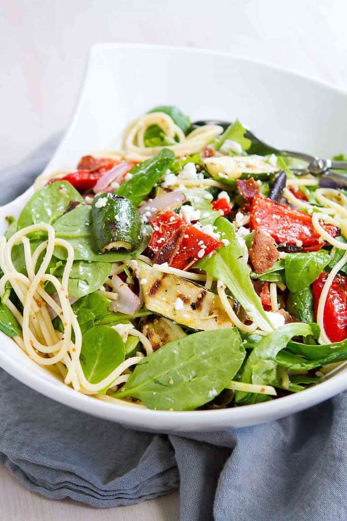 Grilled Vegetable Salad with Bacon & Spaghetti - Easy Summer Salad