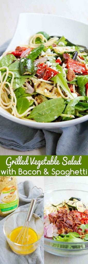 This Grilled Vegetable Salad with Bacon and Spaghetti is the perfect melding of flavors and textures. Great summertime salad! 221 calories and 7 Weight Watchers Freestyle SP