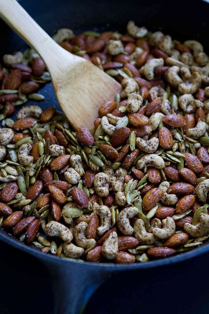 Grab a handful of these easy skillet Chai Spiced Nuts when you get the afternoon munchies or serve them as an appetizer with cocktails. 158 calories and 5 Weight Watchers Freestyle SP