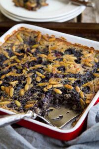 Blueberry Baked Oatmeal is a great option for make-ahead breakfasts. Substitute any nuts and fruit you like and top it with a drizzle of maple syrup. 168 calories and 4 Weight Watchers Freestyle SP