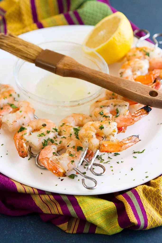 The most succulent grilled shrimp, brushed with lemon butter and ready to eat straight from the skewer! 102 calories and 2 Weight Watchers SmartPoints