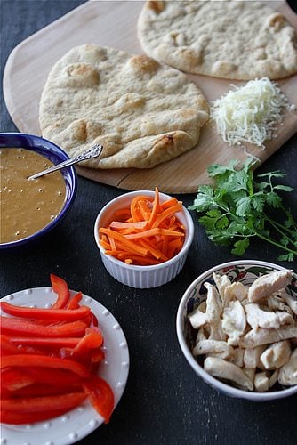 Thai Chicken Naan Pizza Recipe with Peanut Sauce, Red Pepper and Carrots...Always a hit!