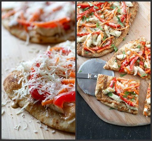 Thai Chicken Naan Pizza Recipe with Peanut Sauce, Red Pepper and Carrots...Always a hit!