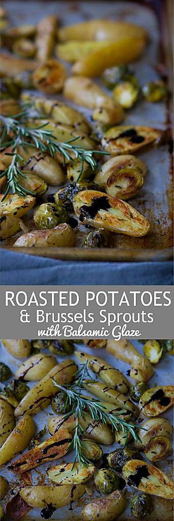 Roasted fingerling potatoes with rosemary and Brussels sprouts, and topped with a balsamic reduction is the best kind of comfort food. 136 calories and 4 Weight Watchers Freestyle SP