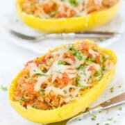 Turkey Taco Stuffed Spaghetti Squash recipe...Healthy and filling, a great combo for a weeknight dinner. 319 calories and 3 Weight Watchers Freestyle SP #healthy #cleaneating