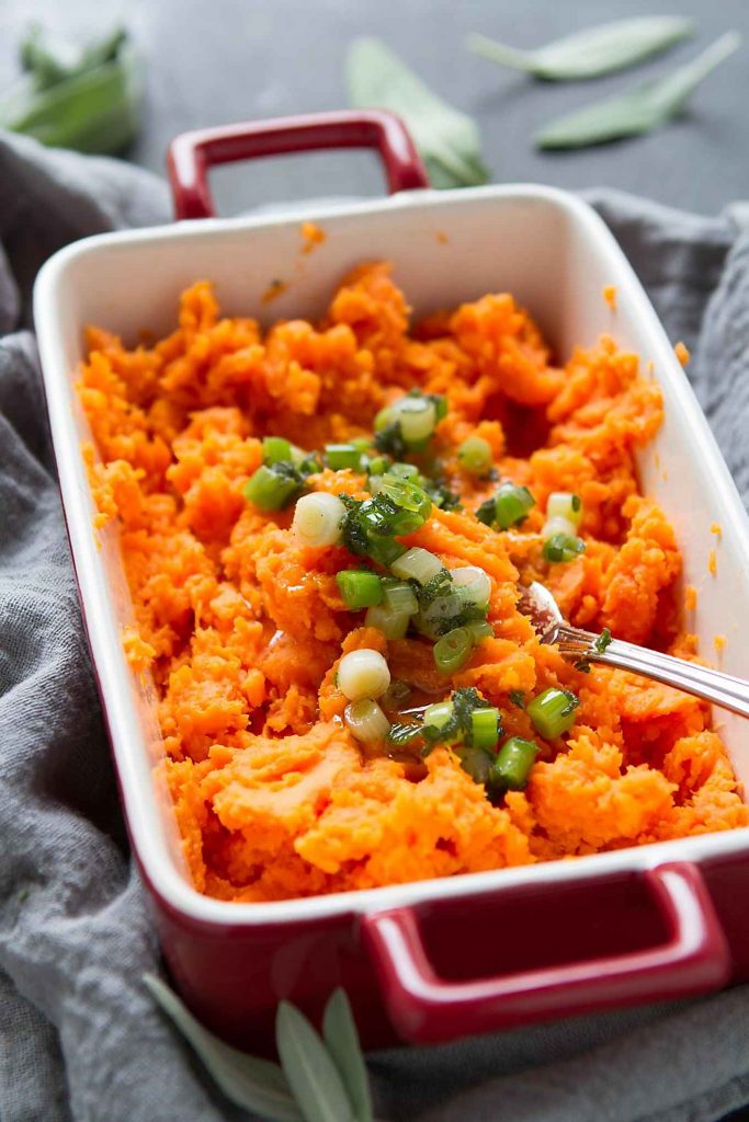 Mashed sweet potatoes with sauteed green onions