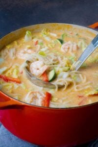 The recipe for Thai Coconut Soup couldn't be easier! Plus, it's healthier than takeout. Packed with shrimp, rice noodles and vegetables. 296 calories and 8 Weight Watchers Freestyle SP