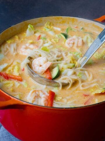 The recipe for Thai Coconut Soup couldn't be easier! Plus, it's healthier than takeout. Packed with shrimp, rice noodles and vegetables. 296 calories and 8 Weight Watchers Freestyle SP