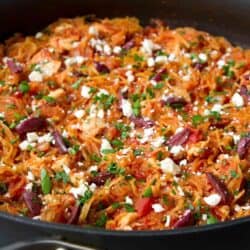 This Greek Chicken Spaghetti Squash Skillet recipe is so filling and satisfying that it’s hard to believe it’s healthy. 221 calories and 1 Weight Watchers Freestyle SP