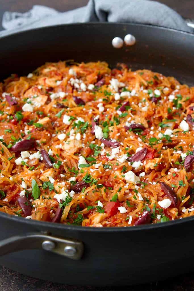 This Greek Chicken Spaghetti Squash Skillet recipe is so filling and satisfying that it’s hard to believe it’s healthy. 222 calories and 1 Weight Watchers Freestyle SP