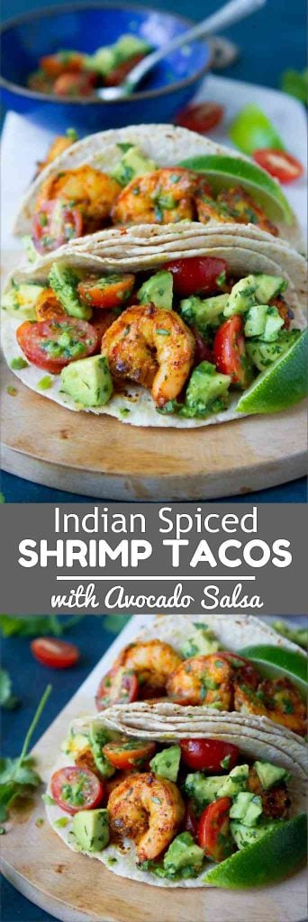 Taco Tuesday recipe inspiration! These Indian Spiced Shrimp Tacos with Avocado Salsa are out of this world. 254 calories and 6 Weight Watchers Freestyle SP