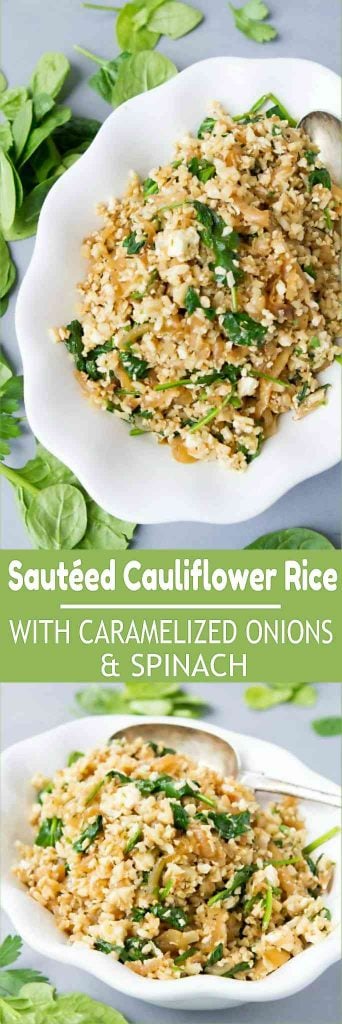 Cauliflower rice recipes are fantastic for low carb side dishes, and this one is flavored with caramelized onions, spinach and feta. 76 calories and 2 Weight Watchers Freestyle SP
