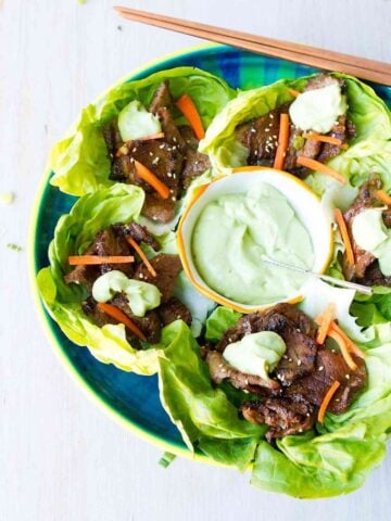 Dollop some creamy avocado sauce on top of these Korean BBQ Lettuce Wraps and serve them up as appetizers or entrees. Easy and delicious! 113 calories and 3 Weight Watchers Freestyle SP