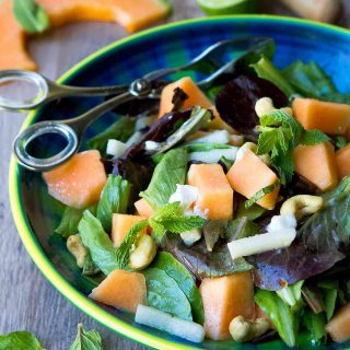 One of the best salads I have eaten in a long time! This sweet and savory Cantaloupe Goat Cheese Salad is topped off with a lime mint dressing. 174 calories and 3 Weight Watchers Freestyle SP