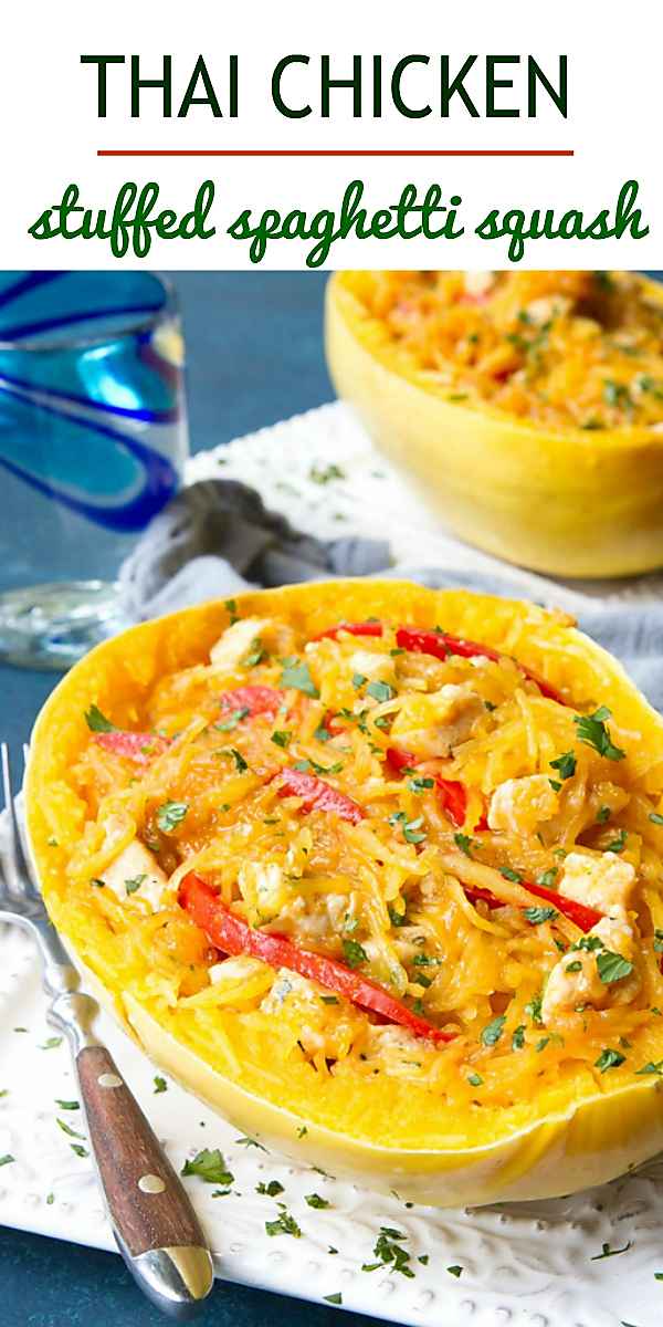 Thai curry, chicken and spaghetti squash come together in a healthy dinner recipe that's incredibly filling and satisfying! 409 calories and 4 Weight Watchers Freestyle SP