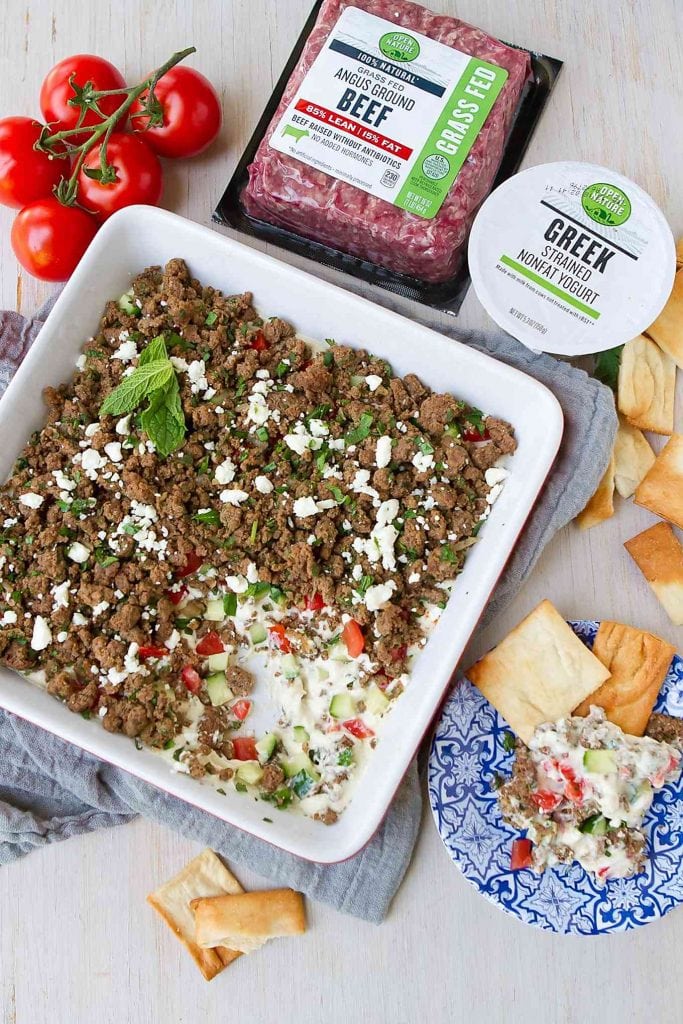 Beef Kofta Dip is a great way to shake up your layered dip game. Plenty of flavor in this healthy appetizer. 146 calories and 3 Weight Watchers Freestyle SP