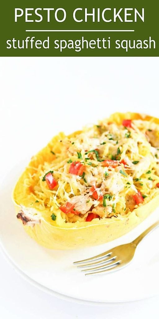 This Pesto Chicken Stuffed Spaghetti Squash is so satisfying and healthy. Perfect for weeknight meals! 230 calories and 5 Weight Watchers Freestyle SP