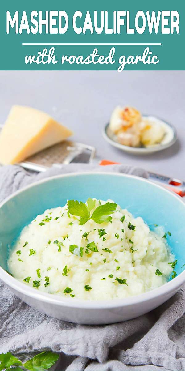 Looking for a light Thanksgiving side dish? This mashed cauliflower recipe, complete with Parmesan and roasted garlic, is the way to go if you are cutting back on carbs. 84 calories and 2 Weight Watchers Freestyle SP #weightwatchers #Thanksgiving #healthy