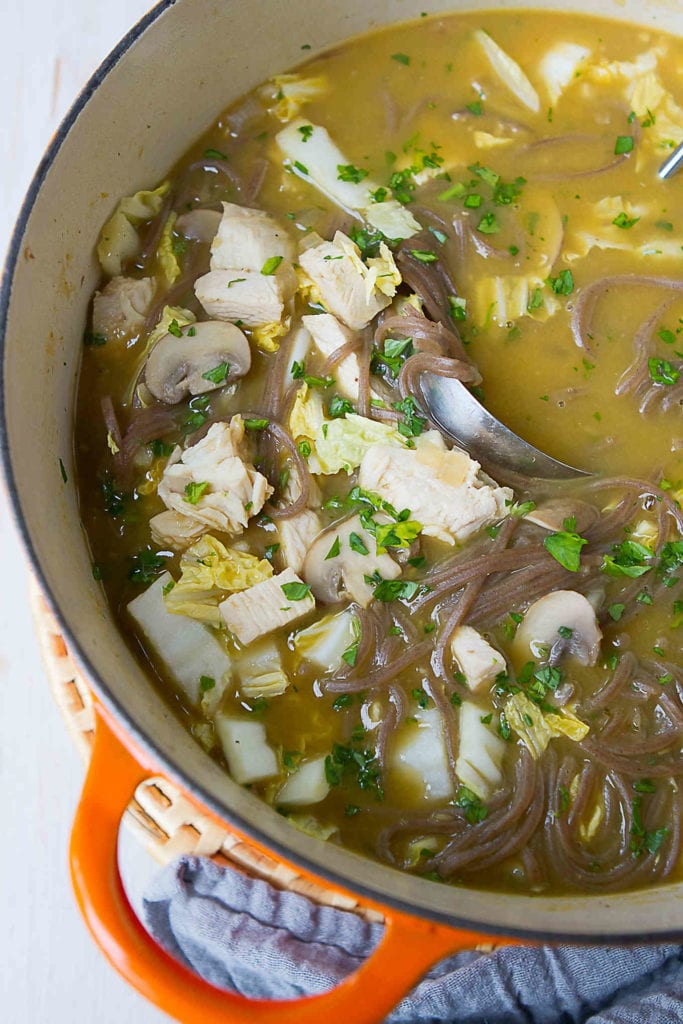Leftover turkey soup gets a makeover with the addition of soba noodles, hoisin sauce and a ton of nutrient-rich veggies. 166 calories and 3 Weight Watchers Freestyle SP #soup #turkey #soba