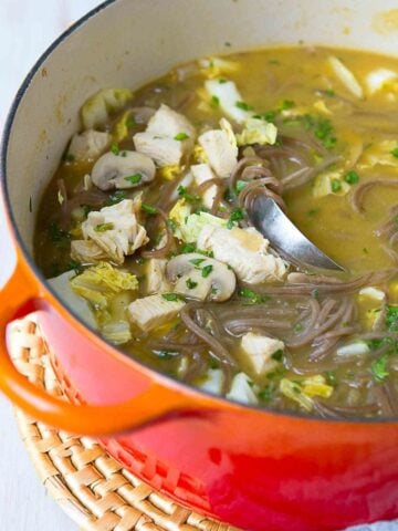 Overrun with turkey or chicken leftovers? This turkey soup recipe is a little different from the norm. Soba noodles and veggies make this a powerhouse of nutrients and flavor! 166 calories and 3 Weight Watchers Freestyle SP #turkey #leftovers #soup #weightwatchers