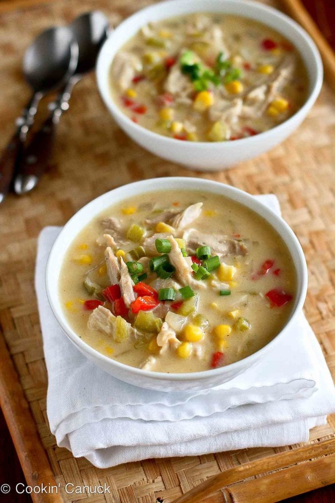 This light turkey or chicken corn chowder recipe is my family's favorite leftovers recipe. It's hearty, satisfying and healthy. 223 calories and 3 Weight Watchers Freestyle SP #turkey #chowder #weightwatchers