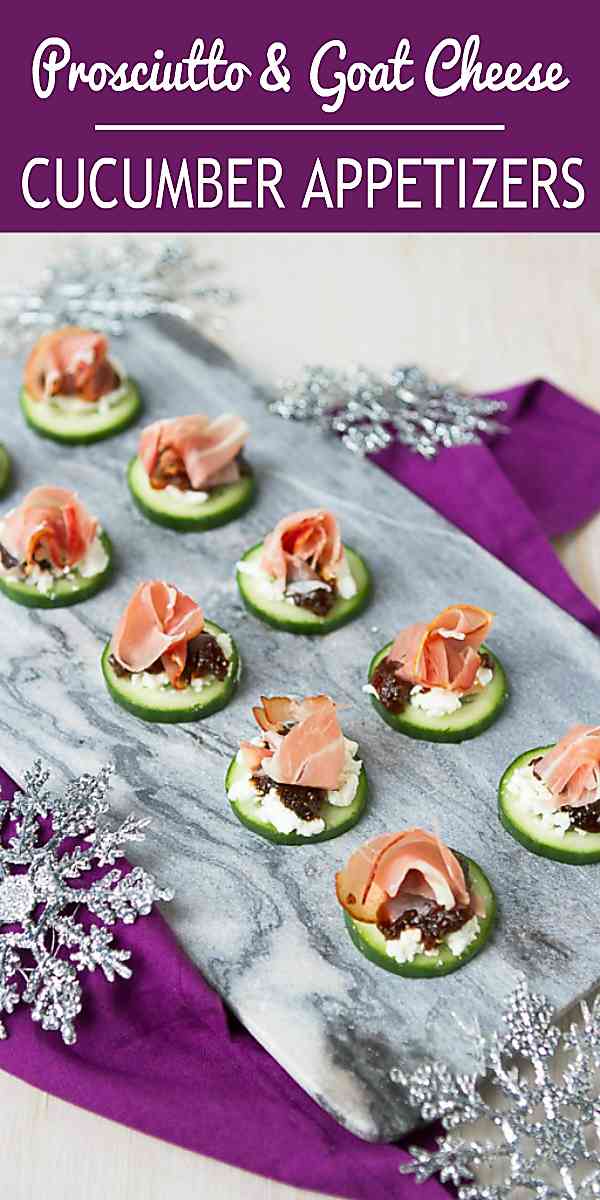 These easy cucumber appetizers are guaranteed to disappear in a flash. Goat cheese, prosciutto and fig jam add fantastic flavor. 24 calories and 1 Weight Watchers Freestyle SP #goatcheese #appetizerrecipes