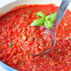 Every home cook needs an easy bolognese sauce recipe on hand for quick weeknight dinners. This healthy version uses ground turkey & chicken sausage, and is packed with flavor! 129 calories and 3 Weight Watchers Freestyle SP #bolognese #cleaneating #weightwatchers