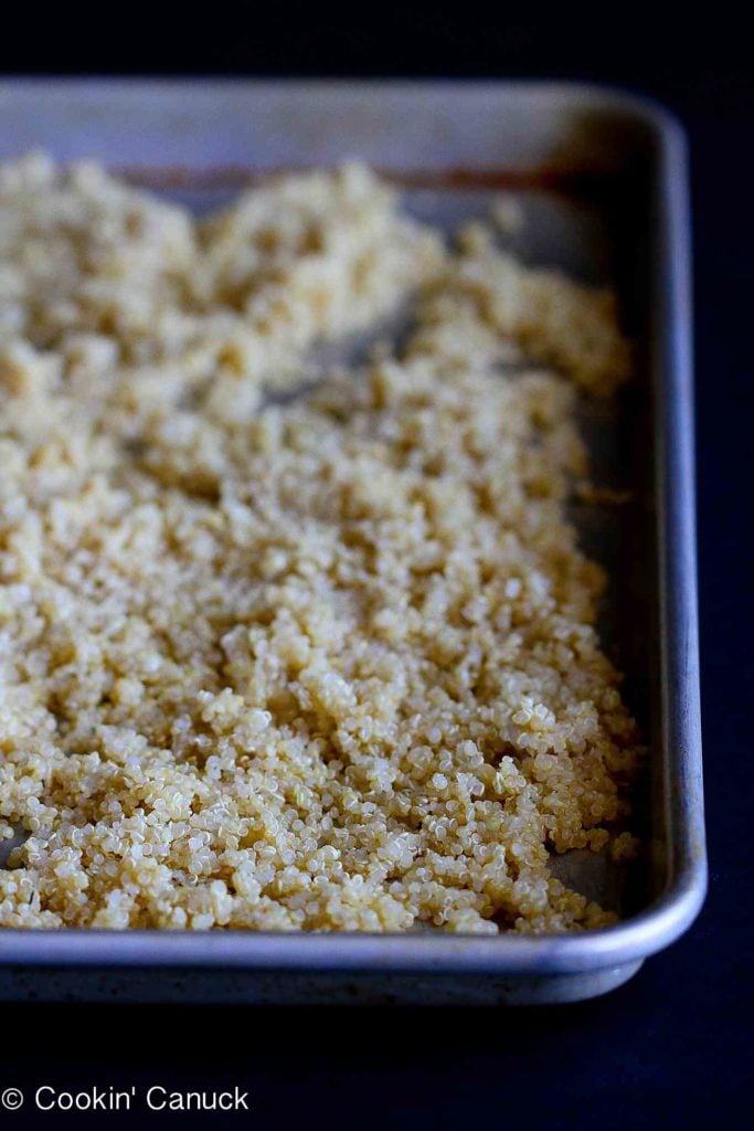 Cooked quinoa, spread out on a baking sheet.