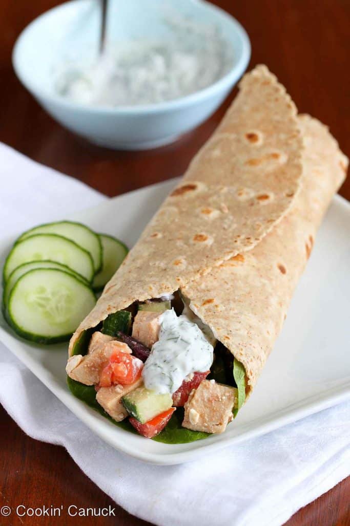 Whip up this tasty low-fat Greek Chicken Salad Wrap in less than 15 minutes. It's packed with vegetables and feta cheese for a satisfying lunch. 184 calories and 2 Weight Watchers Freestyle SP #chickensalad #weightwatchers