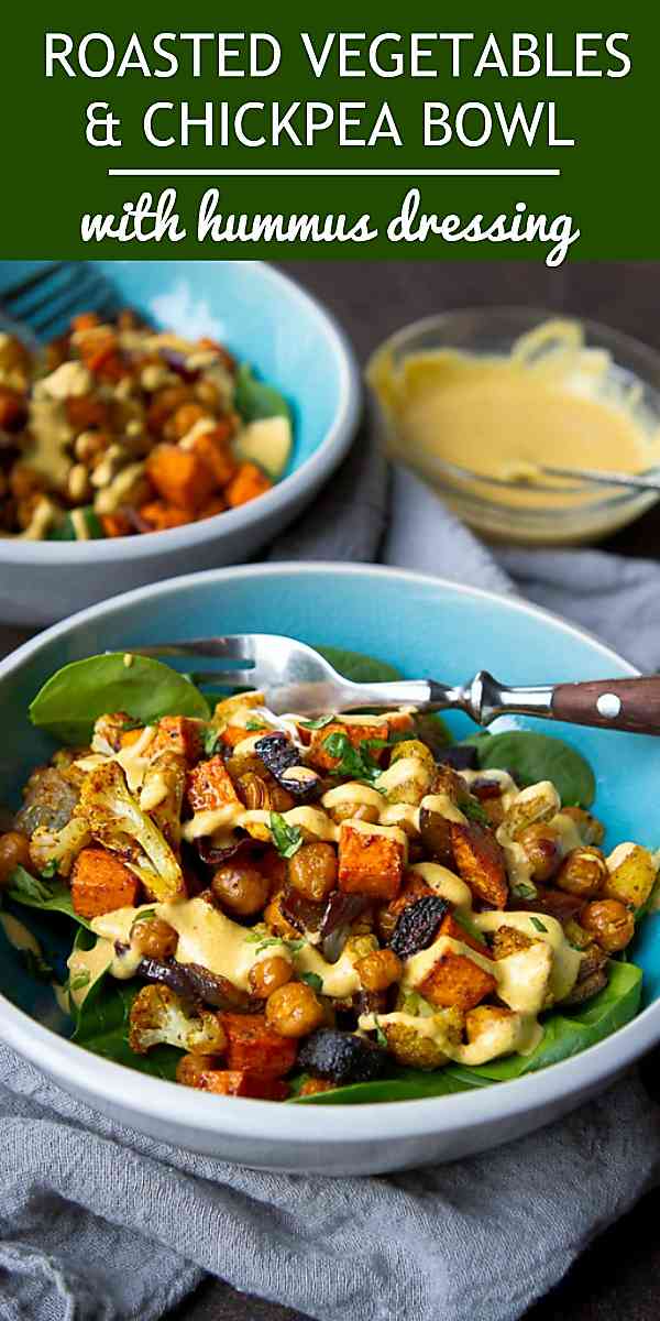 Whip up this roasted vegetable medley and pair it with spiced chickpeas and an easy hummus dressing for a light, vegan lunch. 284 calories and 6 Weight Watchers Freestyle SP #weightwatchers #vegan