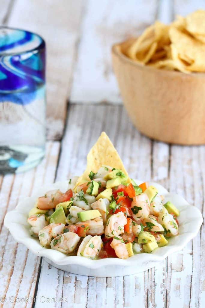 Kick off your Cinco de Mayo celebration with this fresh and booze-spiked shrimp ceviche recipe. 111 calories and 2 Weight Watchers Freestyle SP #ceviche #shrimp #weightwatchers #appetizer