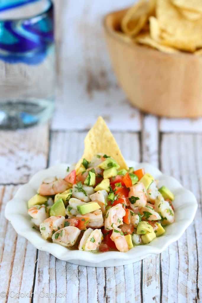 Shrimp ceviche is one of the easiest appetizer to make, and when it's paired with avocado, jalapeno and a splash of tequila, it's downright addictive. 111 calories and 2 Weight Watchers Freestyle SP #avocado #shrimprecipes