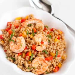 Work some whole grains into your lunch with this make-ahead toasted barley and shrimp salad recipe. It's healthy, tasty and packed with fiber! 236 calories and 5 Weight Watchers Freestyle SP #shrimprecipes #weightwatchers