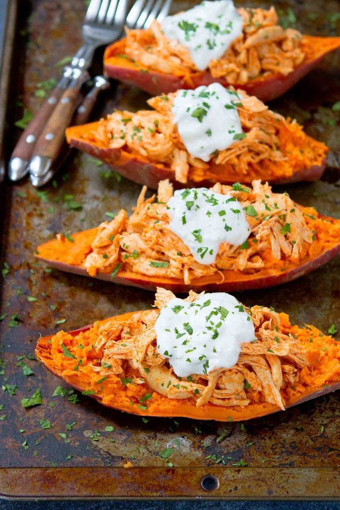 This quick, healthy dinner idea has all the flavor and a ton of nutrients. Sweet potatoes meet Buffalo chicken. 240 calories and 4 Weight Watchers SP #chickenrecipes #chicken #easydinnerrecipe