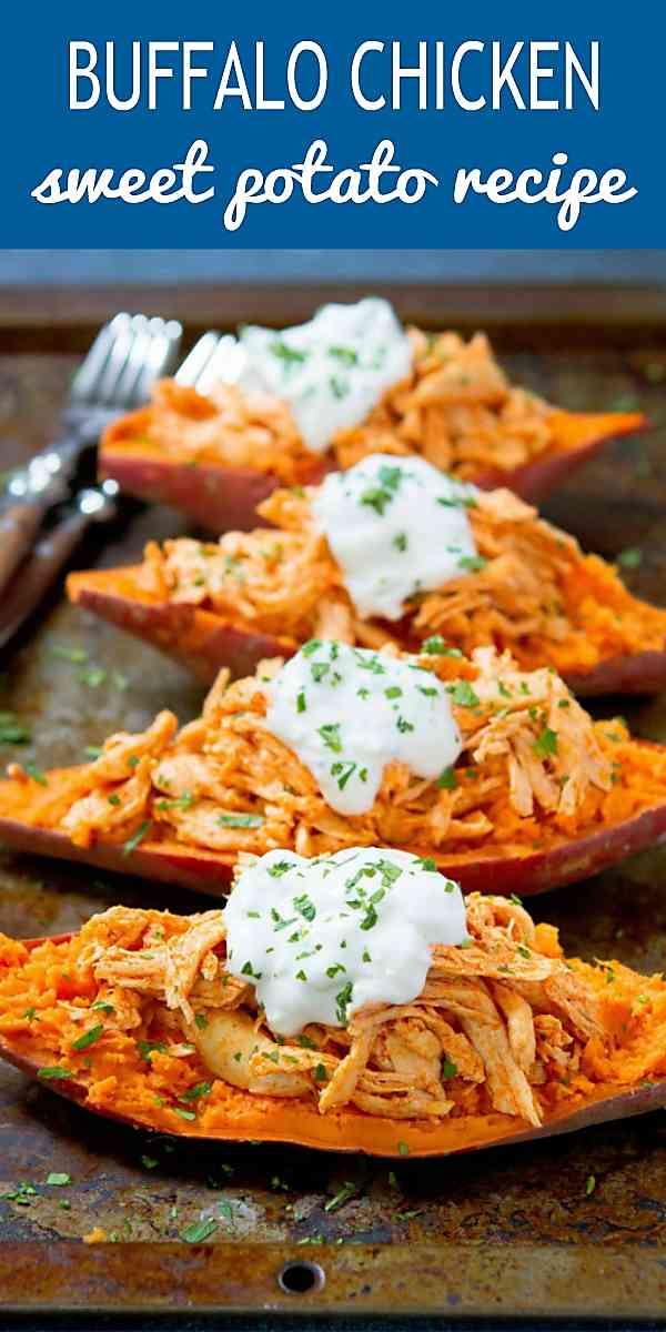 Make this Buffalo Chicken Sweet Potato recipe in just 20 minutes. Perfect for busy weeknights! 240 calories and 4 Weight Wathcers SP #sweetpotatorecipes #myfitnesspal #dinnerideas