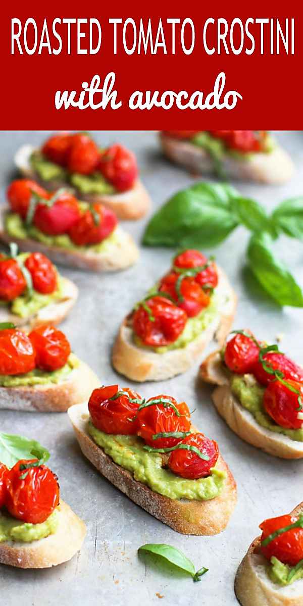 This vegan crostini recipe is bursting with summertime flavor! Topped with garlicky roasted tomatoes and avocado. 52 calories and 2 Weight Watchers Freestyle SP #appetizerrecipes #vegan #veganrecipes