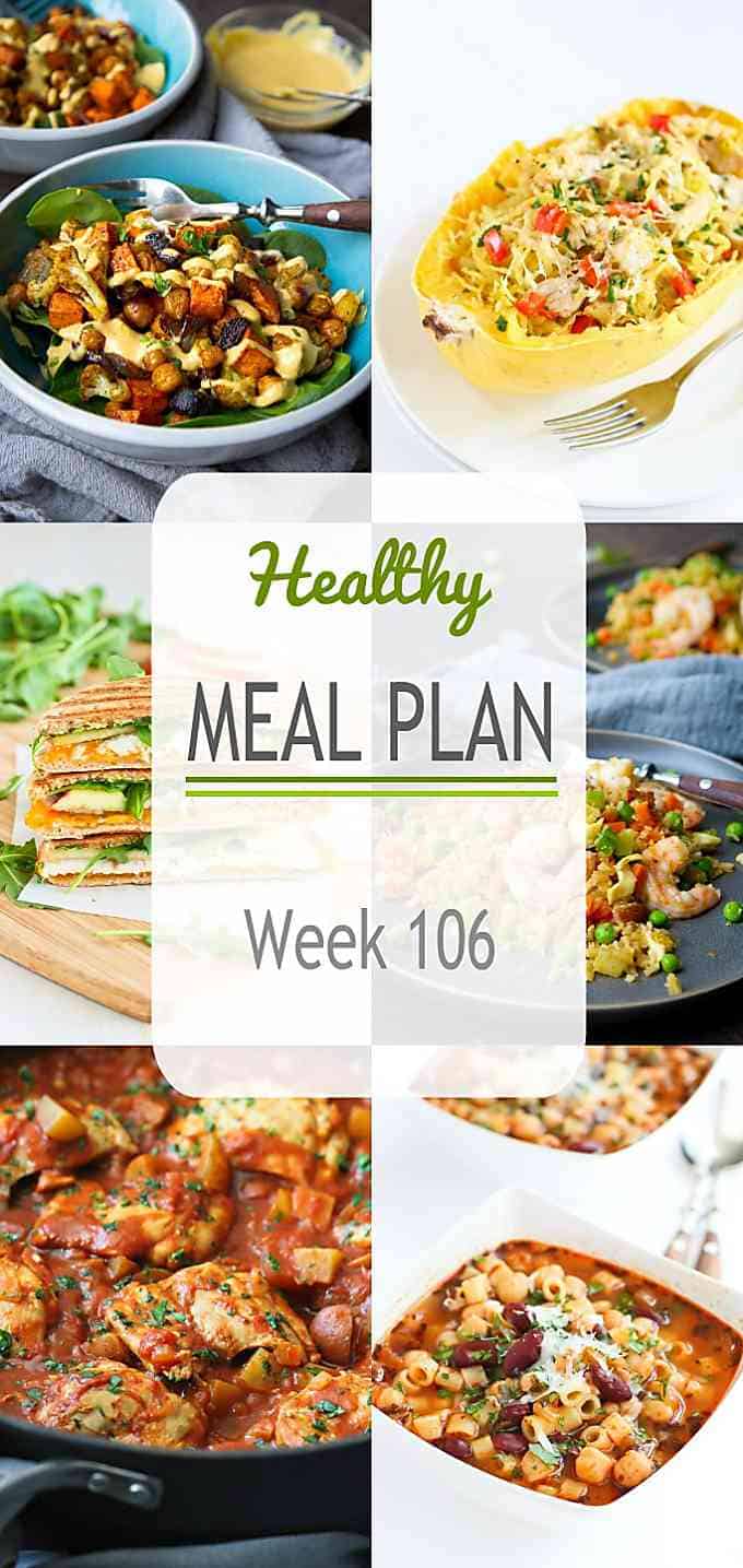 This week's healthy meal plan has a great mix of flavors - everything from curry spices to an easy hummus dressing. It features both vegetarian and light meat lovers' meals! #mealplanning #mealprep #dinner