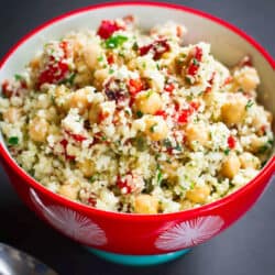 Have you ever tried a grated cauliflower salad? No cooking required! Serve this as a vegan dinner or a side dish. 270 calories and 3 Weight Watchers SP for entree portion. #cauliflower #cleaneating #weightwatchers #veganrecipes