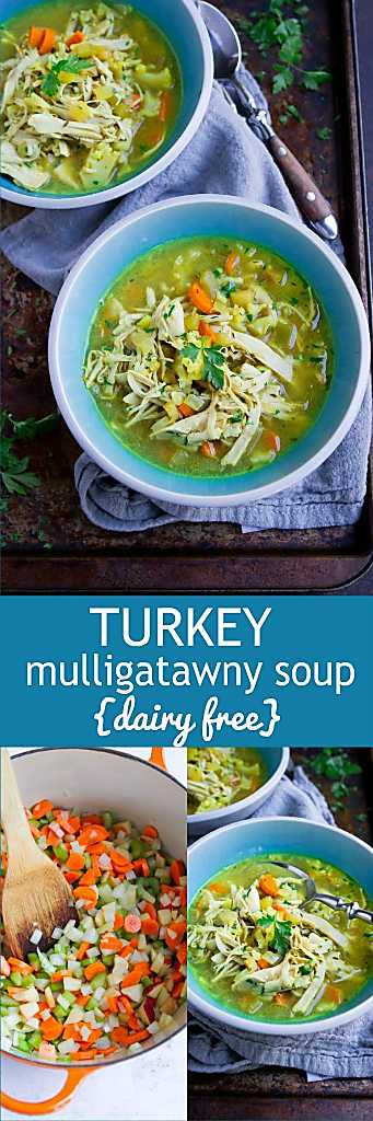 This fantastic dairy free Mulligatawny soup is a great way to use up leftover turkey or chicken. 238 calories and 2 Weight Watchers SP #leftoversrecipes #turkeyrecipes #weightwatchers